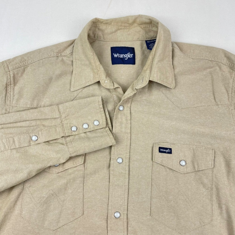 Wrangler Mens Western Snap Shirt XLT Tall Khaki Tan Pearl Snap Long Sleeve 0330